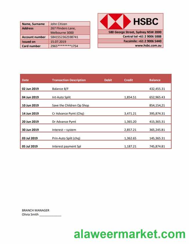 Australia HSBC bank statement template fully editable in Word and PDF format